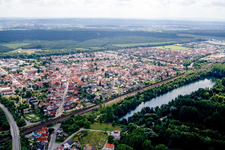 Aerial view of Huttenheimer Straße and Prestelsee in the district Neudorf in Graben-Neudorf in the state Baden-Wuerttemberg, Germany