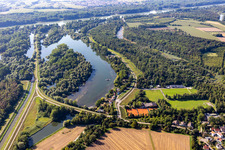 Riparian areas on the lake area of Leopoldshafen in a forest area with sport-fields in Eggenstein-Leopoldshafen in the state Baden-Wurttemberg, Germany