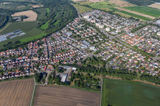 Aerial photograpy of Town View of the streets and houses of the residential areas in the district Leopoldshafen in Eggenstein-Leopoldshafen in the state Baden-Wuerttemberg, Germany