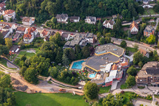 Aerial photograpy of Spa and swimming pools at the swimming pool of the leisure facility Suedpfalz Therme in Bad Bergzabern in the state Rhineland-Palatinate, Germany
