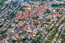 City overview from the southwest with Ludwigsplatz, Weinstraße and Sparkasse in Bad Bergzabern in the state Rhineland-Palatinate, Germany