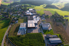 Aerial photograpy of Building and production halls on the premises of Saier Verpackungstechnik in Alpirsbach in the state Baden-Wurttemberg, Germany