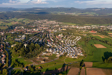 Aerial view of City area with outside districts and inner city area in Rottweil in the state Baden-Wuerttemberg, Germany