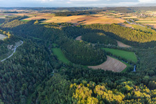 Aerial view of Neckar Valley loop around Hohenstein Castle in Dietingen in the state Baden-Wuerttemberg, Germany