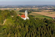 Aerial view of Pilgrimage Church of St. John the Baptist on the Bussen in the district Offingen in Uttenweiler in the state Baden-Wuerttemberg, Germany