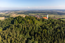 Aerial photograpy of Pilgrimage Church of St. John the Baptist on the Bussen in the district Offingen in Uttenweiler in the state Baden-Wuerttemberg, Germany