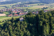 Aerial view of Castle ruins on the Bussen – holy mountain of Upper Swabia in the district Offingen in Uttenweiler in the state Baden-Wuerttemberg, Germany