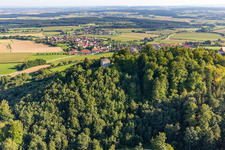 Aerial photograpy of Castle ruins on the Bussen – holy mountain of Upper Swabia in the district Offingen in Uttenweiler in the state Baden-Wuerttemberg, Germany