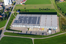 Aerial photograpy of Building and production halls on the premises of Beurer GmbH in Uttenweiler in the state Baden-Wuerttemberg, Germany