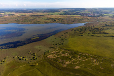 Aerial photograpy of Riparian areas on the lake area of Federsee in Bad Buchau in the state Baden-Wuerttemberg, Germany