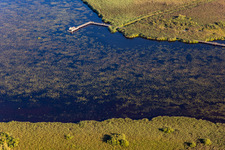Aerial view of Federsee, Kanzach, Federseesteg viewpoint in Bad Buchau in the state Baden-Wuerttemberg, Germany