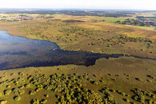 Oblique view of Riparian areas on the lake area of Federsee in Bad Buchau in the state Baden-Wuerttemberg, Germany