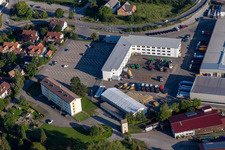 Aerial view of Building and production halls on the premises of Liebherr-Mischtechnik GmbH in Bad Schussenried in the state Baden-Wuerttemberg, Germany