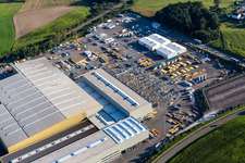 Aerial photograpy of Building and production halls on the premises of Liebherr-Mischtechnik GmbH in Bad Schussenried in the state Baden-Wuerttemberg, Germany