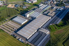 Buildings and production halls on the vehicle construction site of Hymer Reisemobile GmbH in Bad Waldsee in the state Baden-Wuerttemberg, Germany out of the air