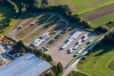 Buildings and production halls on the vehicle construction site of Hymer Reisemobile GmbH in Bad Waldsee in the state Baden-Wuerttemberg, Germany seen from above