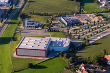 Aerial photograpy of Museum building of the Erwin Hymer Museum of Camper-Vans in Bad Waldsee in the state Baden-Wuerttemberg, Germany