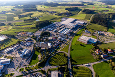 Aerial photograpy of Buildings and production halls on the vehicle construction site of Hymer Reisemobile GmbH in Bad Waldsee in the state Baden-Wuerttemberg, Germany