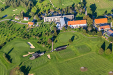 Aerial view of Club-hous of the Golf course at of Fuerstlicher Golfclub Oberschwaben e.V. in Bad Waldsee in the state Baden-Wuerttemberg, Germany
