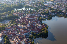 City view of the downtown area on the shore areas of Stadt See in Bad Waldsee in the state Baden-Wuerttemberg, Germany