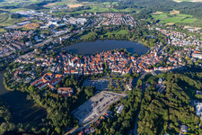 Aerial photograpy of City view of the downtown area on the shore areas of Stadt See in Bad Waldsee in the state Baden-Wuerttemberg, Germany