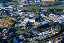 Oblique view of Building complex and distribution center on the site of Versandhaus Walz GmbH, Baby-Walz in Bad Waldsee in the state Baden-Wuerttemberg, Germany
