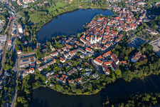 City view of the downtown area on the shore areas of Stadt See in Bad Waldsee in the state Baden-Wuerttemberg, Germany out of the air