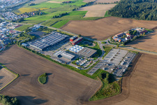 Aerial view of Buildings and production halls on the vehicle construction site of Carthago Reisemobilbau GmbH in Aulendorf in the state Baden-Wuerttemberg, Germany