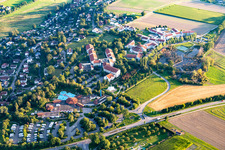 Aerial view of Building of the Spa and Event house und SPA-park with Sonnenhof-Therme Bad Saulgau and Klinik an der schoenen Moos in Bad Saulgau in the state Baden-Wuerttemberg, Germany