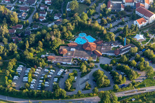 Aerial photograpy of Building of the Spa and Event house und SPA-park with Sonnenhof-Therme Bad Saulgau and Klinik an der schoenen Moos in Bad Saulgau in the state Baden-Wuerttemberg, Germany