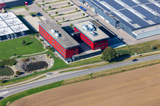Buildings and production halls on the vehicle construction site of Carthago Reisemobilbau GmbH in Aulendorf in the state Baden-Wuerttemberg, Germany out of the air