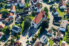 Aerial view of Mochenwangen Parish Church in the district Mochenwangen in Wolpertswende in the state Baden-Wuerttemberg, Germany