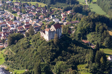 Aerial view of Walls of the castle complex on the plateau " Schloss Waldburg " in Waldburg in the state Baden-Wuerttemberg, Germany