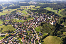 Aerial photograpy of Walls of the castle complex on the plateau " Schloss Waldburg " in Waldburg in the state Baden-Wuerttemberg, Germany