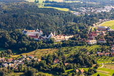 Aerial view of Renaissance Castle Wolfegg with Church St. Katharina in Wolfegg in the state Baden-Wurttemberg, Germany