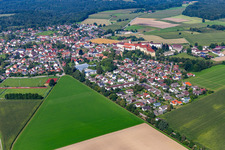 Village view on the edge of agricultural fields and land in Reute in the state Baden-Wuerttemberg, Germany