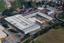 Drone image of Building and production halls on the premises of Liebherr-Mischtechnik GmbH in Bad Schussenried in the state Baden-Wuerttemberg, Germany