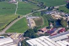 Building and production halls on the premises of Liebherr-Mischtechnik GmbH in Bad Schussenried in the state Baden-Wuerttemberg, Germany from the drone perspective