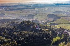 Aerial view of Mountain Bussen with Pilgrimage church in the district Offingen in Uttenweiler in the state Baden-Wuerttemberg, Germany