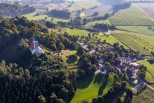 Aerial view of St. John the Baptist on the Bussen, holy mountain of Upper Swabia in the district Offingen in Uttenweiler in the state Baden-Wuerttemberg, Germany