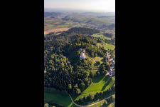 Aerial photograpy of St. John the Baptist on the Bussen, holy mountain of Upper Swabia in the district Offingen in Uttenweiler in the state Baden-Wuerttemberg, Germany