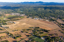Runway with tarmac terrain of airfield Fayence-Tourrettes Airfield on Chemin de l'Aerodrome in Fayence in Provence-Alpes-Cote d'Azur, France