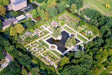 Oblique view of Building and castle park systems of water castle Kasteeltuinen Arcen in Arcen in Limburg, Netherlands