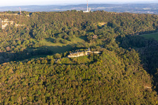 Aerial photograpy of Castle fort in ruins of Montfaucon in Montfaucon in the state Doubles, France