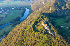 Ruins and vestiges of the former castle Chateau fort de Montfaucon, Belvedere Montfaucon on top of the river Doubs in Montfaucon in Bourgogne-Franche-Comte, France