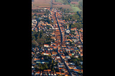 Aerial photograpy of Town View of the streets and houses of the residential areas in Bellheim in the state Rhineland-Palatinate, Germany
