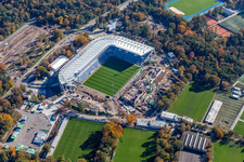 Extension and conversion site on the sports ground of the stadium " Wildparkstadion " in Karlsruhe in the state Baden-Wurttemberg, Germany from a drone