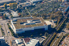 Building store - furniture market of " IKEA Deutschland GmbH & Co. KG " on Gerwigstrasse - Weinweg - Durlacher Allee in Karlsruhe in the state Baden-Wurttemberg, Germany from the plane