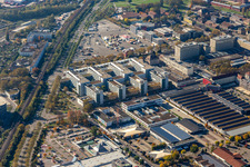 Aerial view of Office building of ENBW Zentrale on Durlacher Allee in the district Oststadt in Karlsruhe in the state Baden-Wuerttemberg, Germany