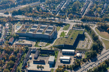 Honeycomb-shaped office and commercial building of the " dm-drogerie markt GmbH + Co. KG " on the Alte Karlsruher Straße in the district Durlach in Karlsruhe in the state Baden-Wuerttemberg, Germany